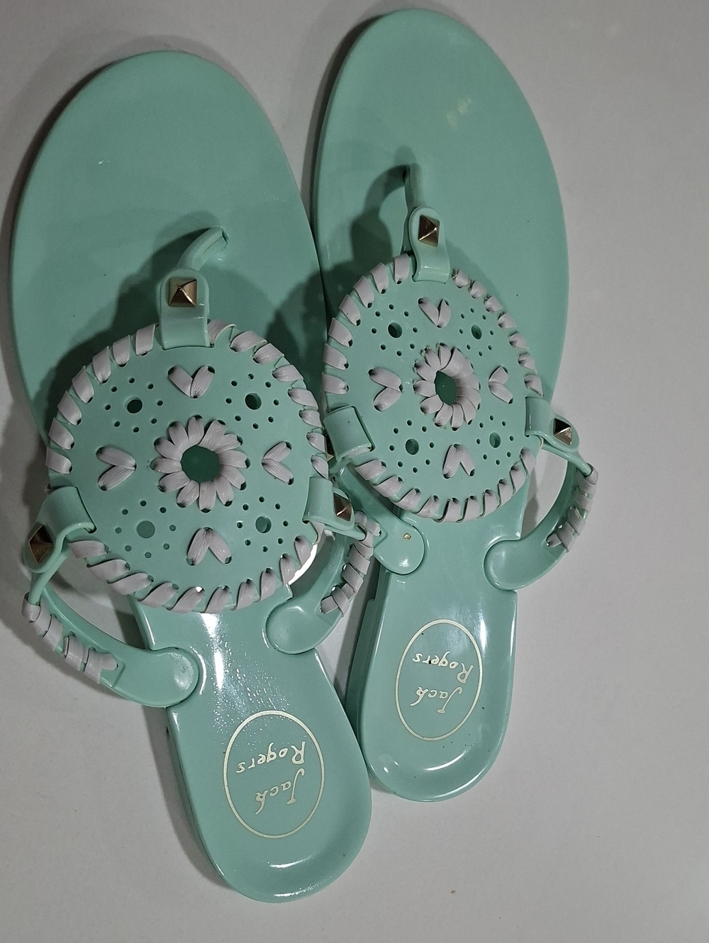 Jack Rogers Mint Green Jelly Sandals with Gold Studs